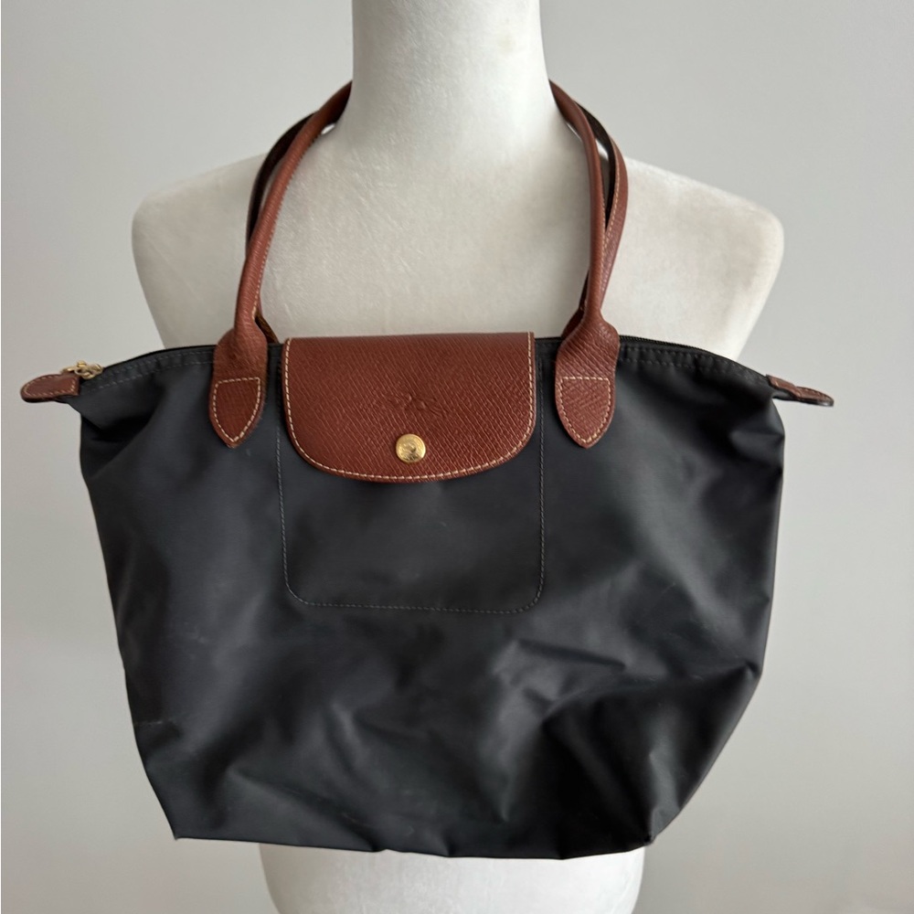 Longchamp Black Tote with Brown Leather Trim